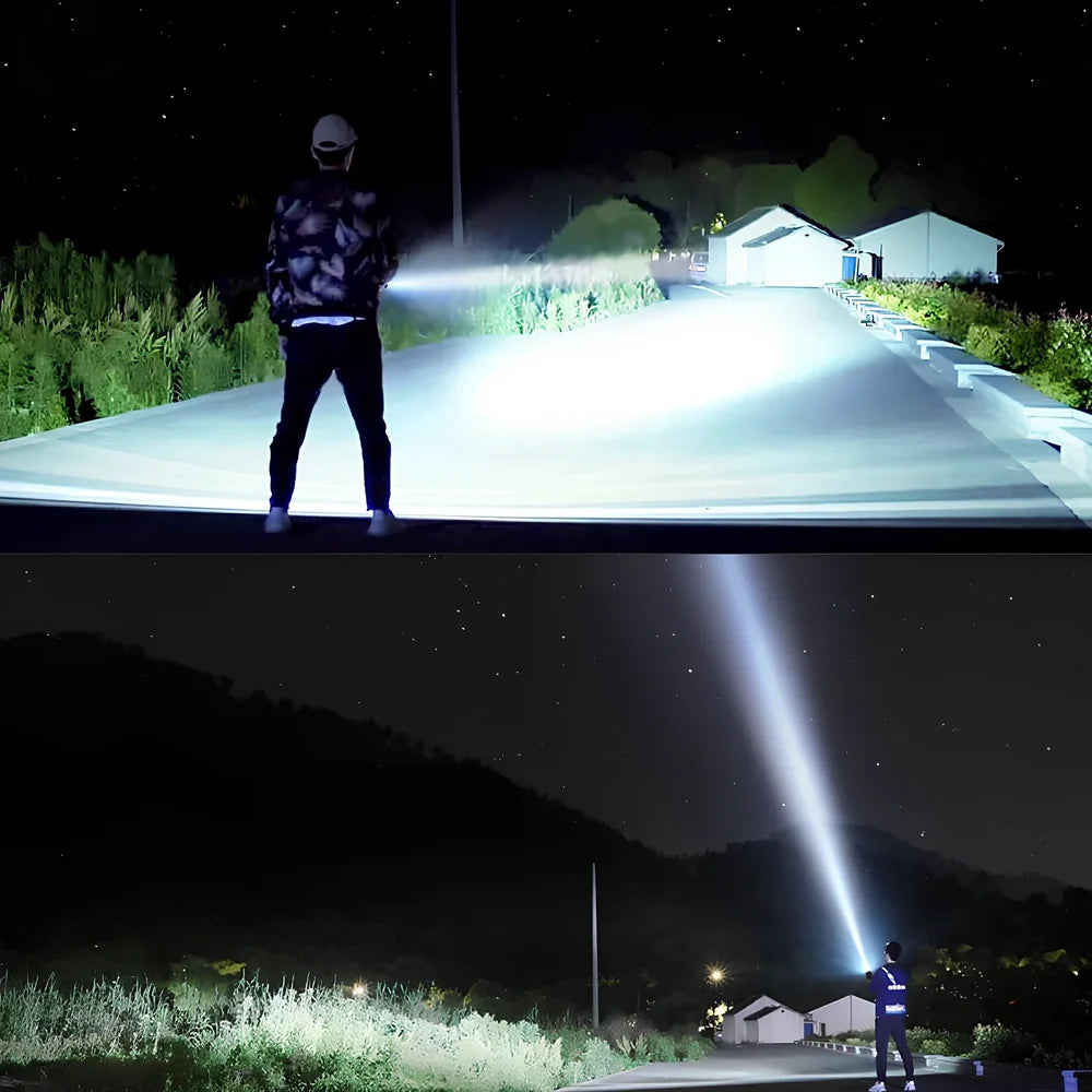 Aluminium alloy LED flashlight with 200-500m beam range and rechargeable battery system