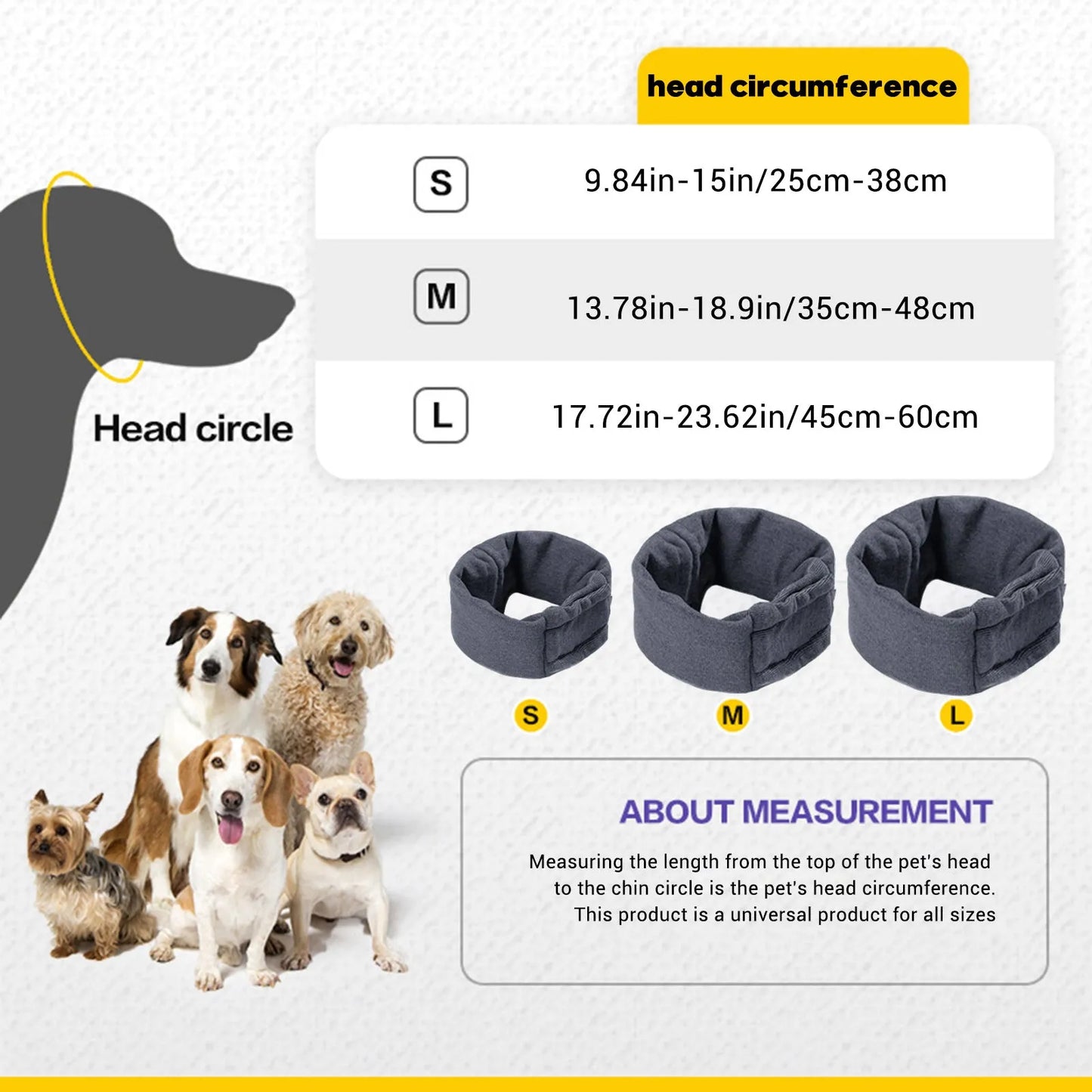 Black dog calming hoodie head wrap covering ears, shown on a dog as a hood and neck scarf.