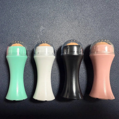 Volcanic portable roller for oily skin control, made from real volcanic stone, in black, green, pink, or white
