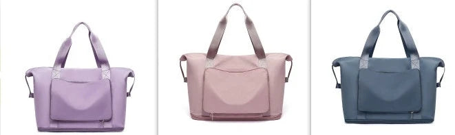 Roomy and foldable gym bag for women with waterproof Oxford fabric, multiple pockets, and wet/dry separation compartment