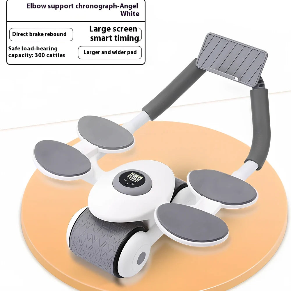 Black abdominal exercise wheel with four elbow support pads on grey floor