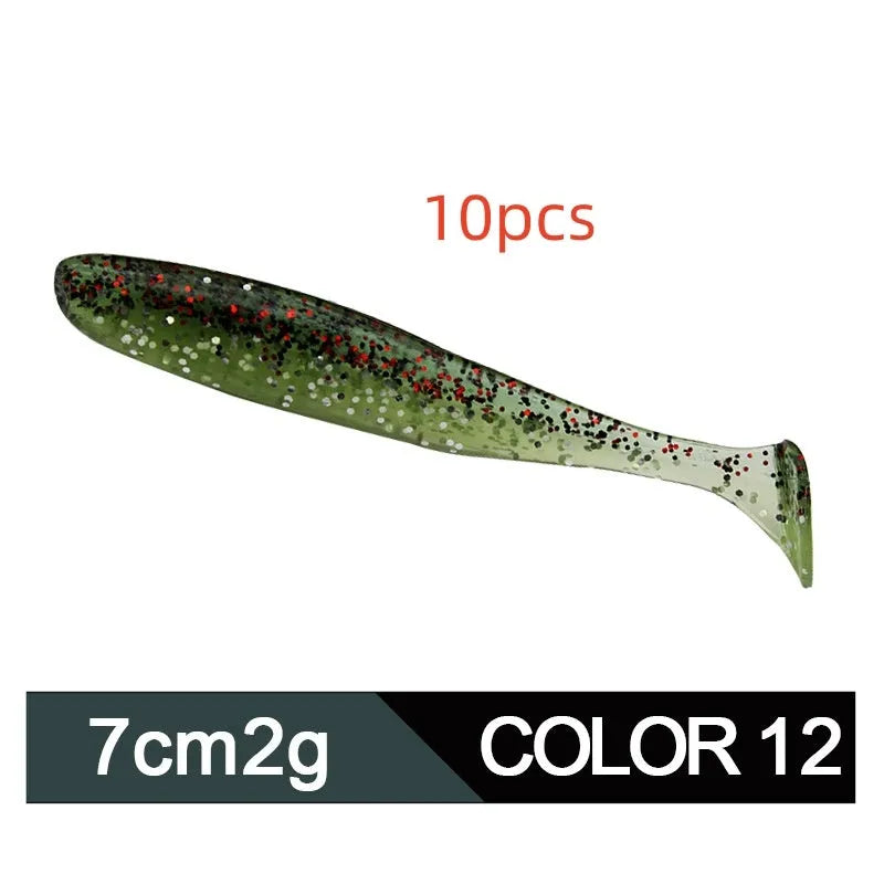7cm soft worm fishing lure with two-tone T-tail in various colours for Mandarin fish and Topmouth Culter