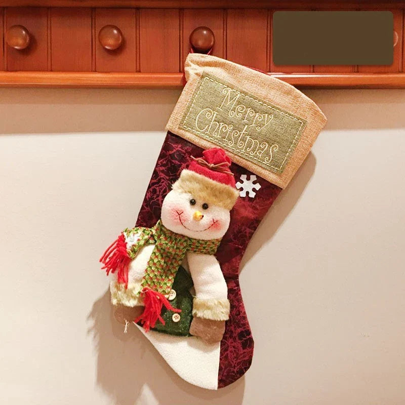 Festive Burlap Christmas Stockings with 3D Appliqué Designs of Santa, Snowmen, and Elk