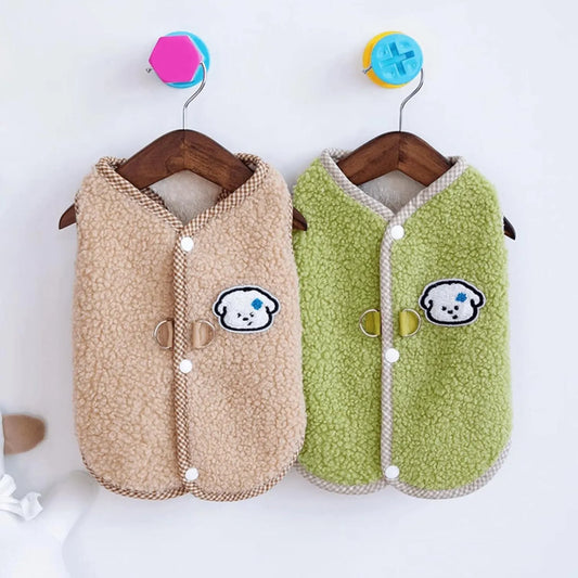 Green dog sweatshirt vest with thickened coral fleece and leash ring for small pets