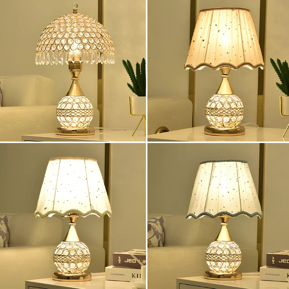 Gold crystal desk lamp 30cm tall with remote switch on bedside table, diffusing even light via manual-cut pendants