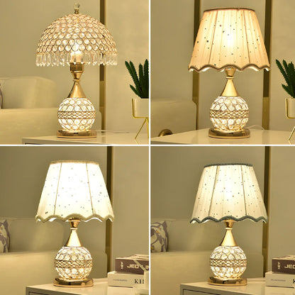 Gold crystal desk lamp 30cm tall with remote switch on bedside table, diffusing even light via manual-cut pendants