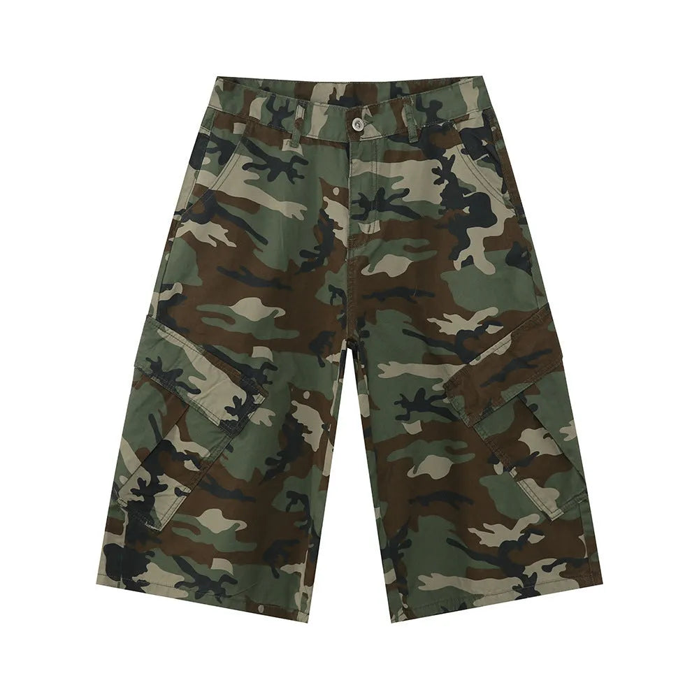 Men's camouflage pattern cotton jeans with wide-leg loose fit and cropped length, showing large side pockets