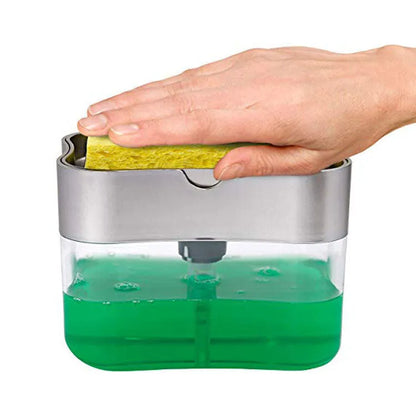 Grey plastic kitchen soap dispenser with pump mechanism on countertop