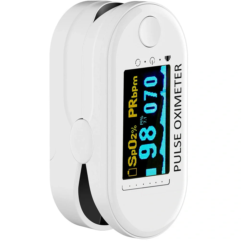 Fingertip pulse oximeter with plastic housing and LCD display for oxygen saturation measurements