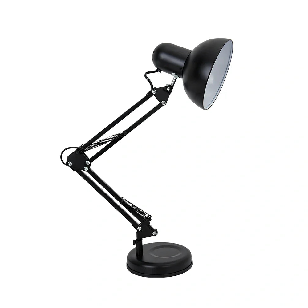 Black iron adjustable swing arm desk lamp with clip base and E27 socket, extended 40cm for workspace lighting