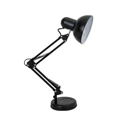 Black iron adjustable swing arm desk lamp with clip base and E27 socket, extended 40cm for workspace lighting