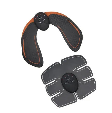 Compact EMS muscle stimulator unit with remote control and gel pads for abdominal and buttock toning.