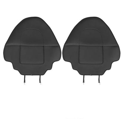 Set of two black leather rear anti kick pads for car seat back protection.
