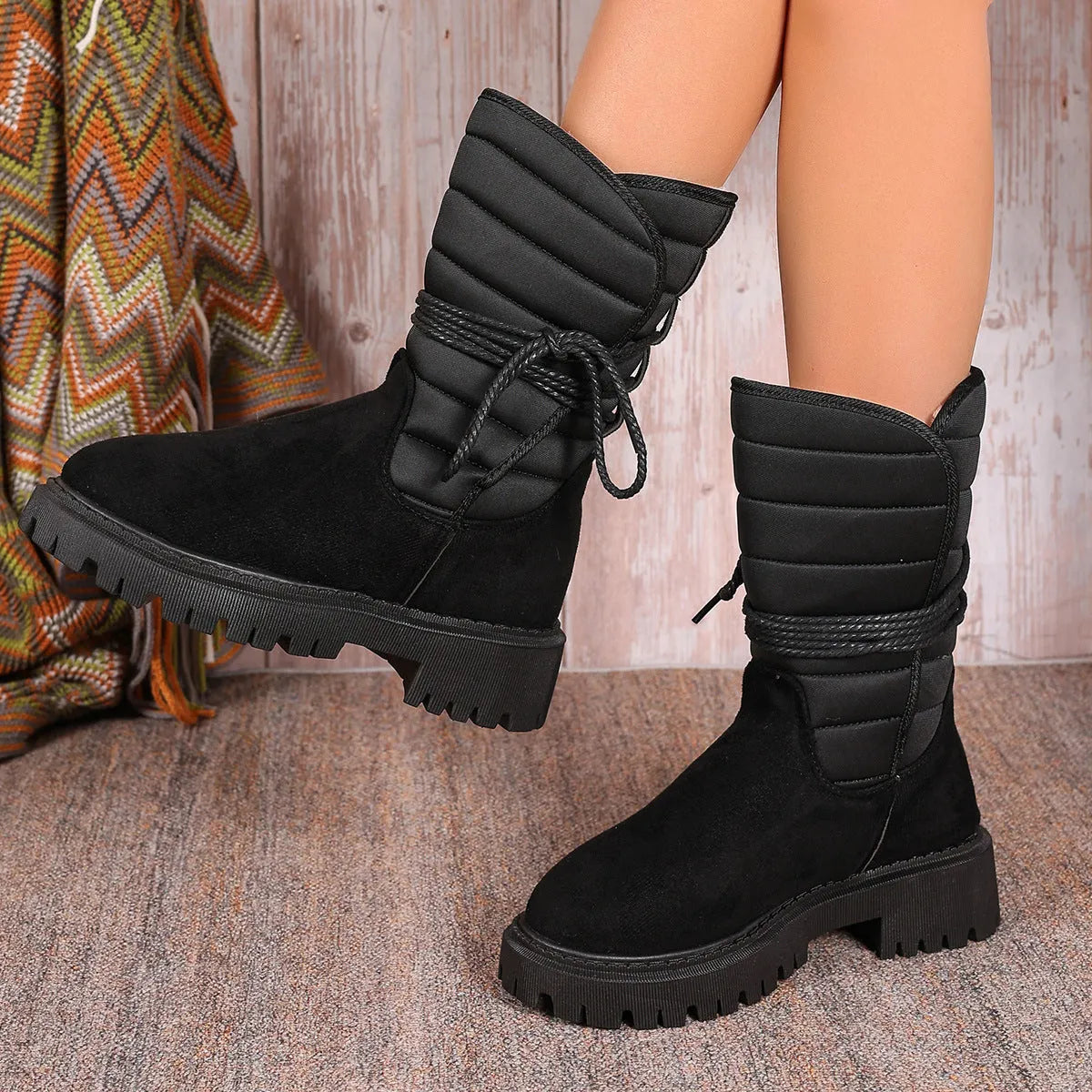 Women's black suede chunky heel snow boots with lace-up design and fleece lining, size 38 displayed