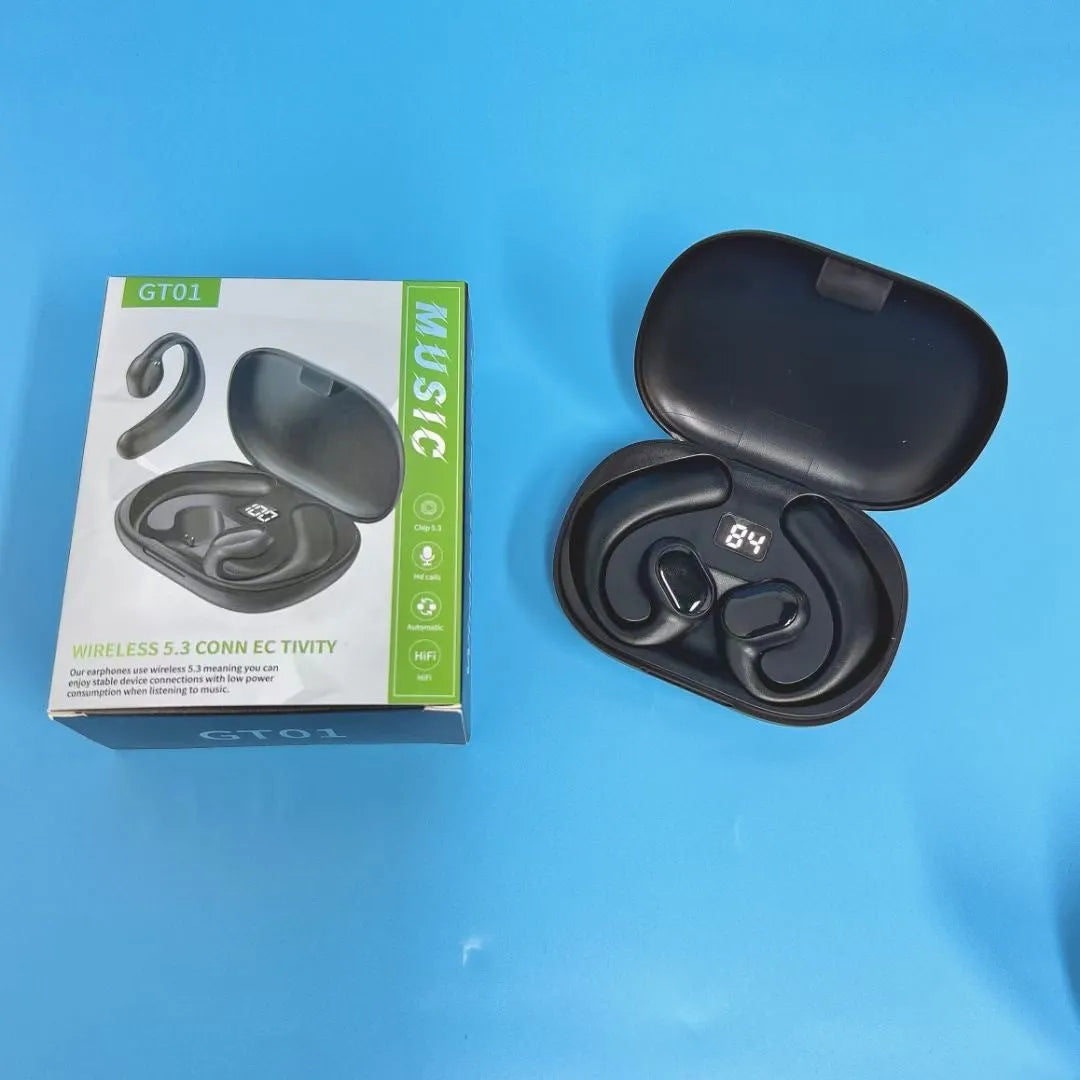 Black ear-mounted Bluetooth headset showing digital display screen and ear hook design