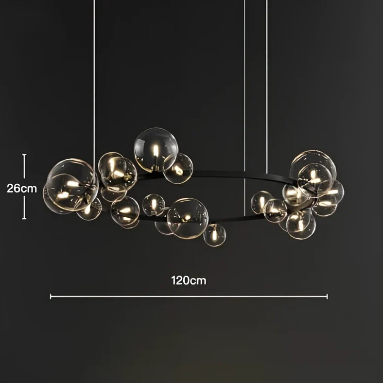 Glass ball chandelier with iron frame in spherical design, showing LED lighting and push-button switch