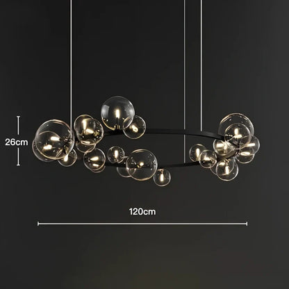 Glass ball chandelier with iron frame in spherical design, showing LED lighting and push-button switch