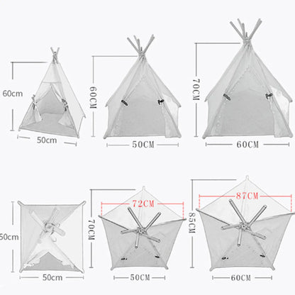 A striped pet teepee tent bed with a cushion inside, shown in a yellow colour option.