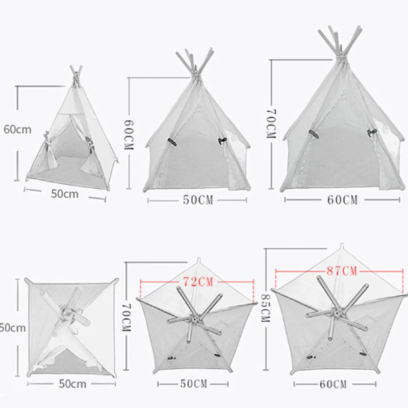 Pet teepee tent dog cat bed indoor portable washable dog houses with cushion for small dogs cats rabbits available in three sizes S M L and three colour options white with ball white without ball yellow