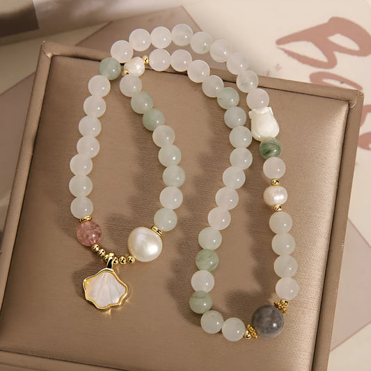Tianshan emerald green jade ginkgo leaf pendant crystal bracelet with gold-plated accents