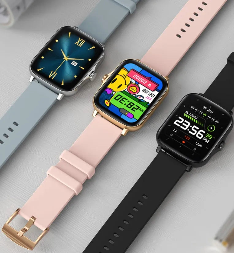 Smart watch with 1.7-inch HD colour touch screen on wrist, showing heart rate data and Bluetooth call interface