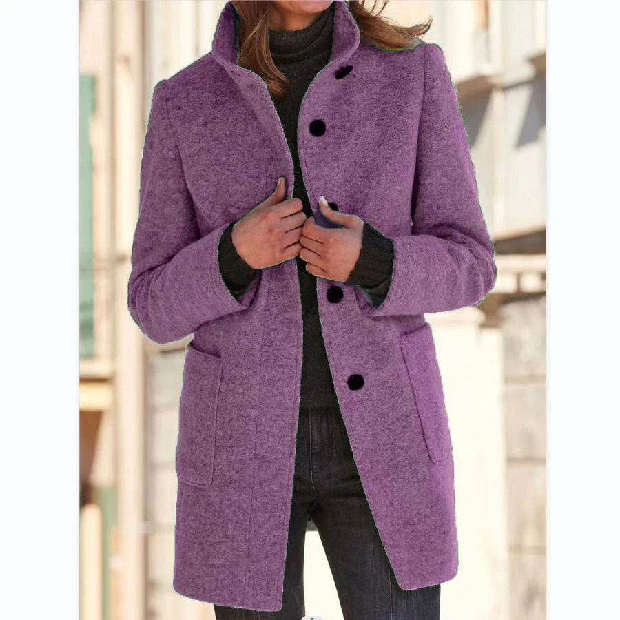Fashionable woolen coat with stand collar, pockets, and button closure for women's fall and winter outerwear