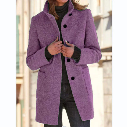 Fashionable woolen coat with stand collar, pockets, and button closure for women's fall and winter outerwear