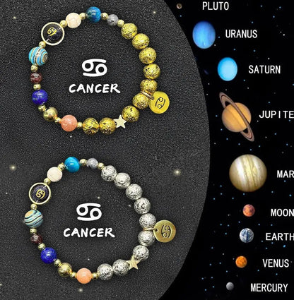 Two adjustable beaded bracelets with zodiac signs on natural stone beads, length 18-22cm