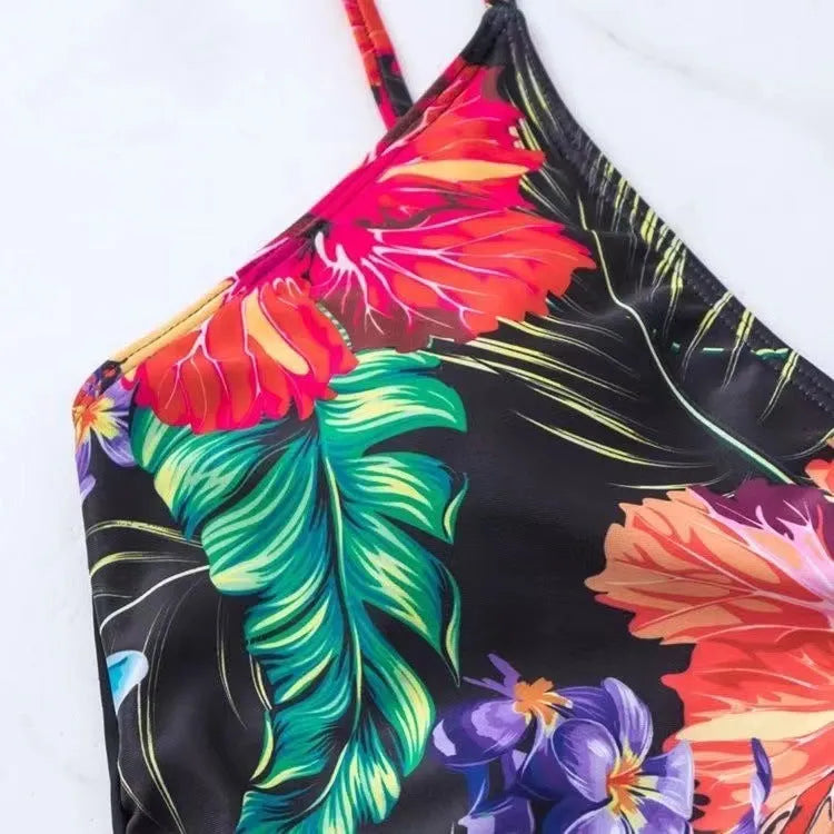 Black printed split style women's high waist briefs bikini for swimming and sports