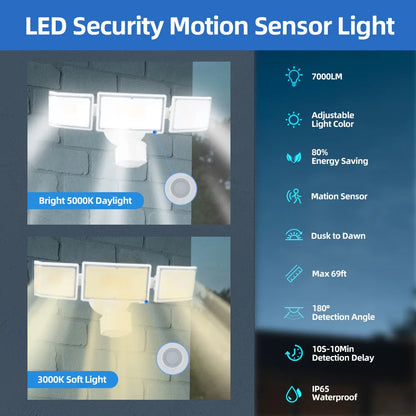 White LED human body induction security flood light with 70W 7000lm brightness and 21m motion detection
