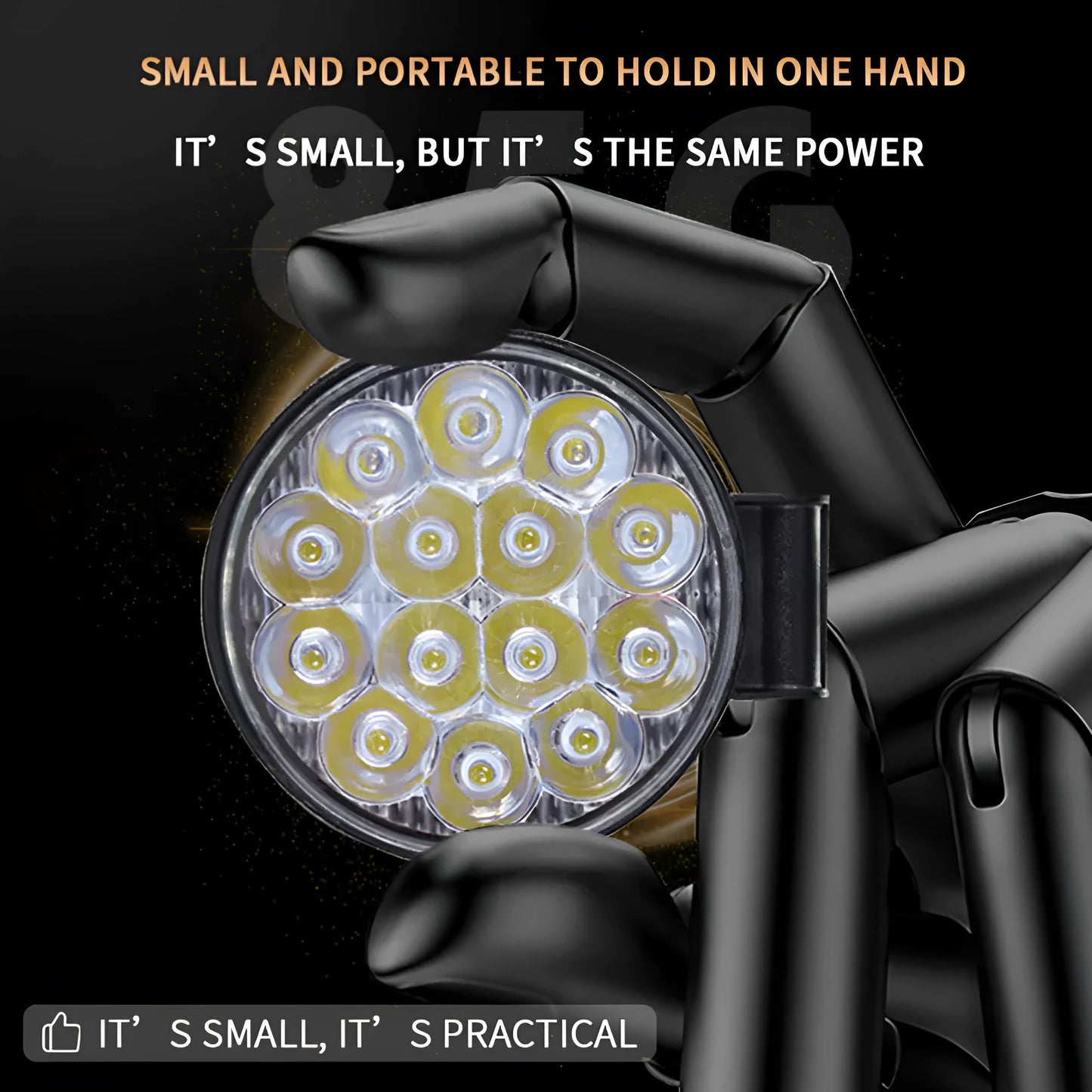 Small round white aluminium LED work light with IP67 rating for automotive use.