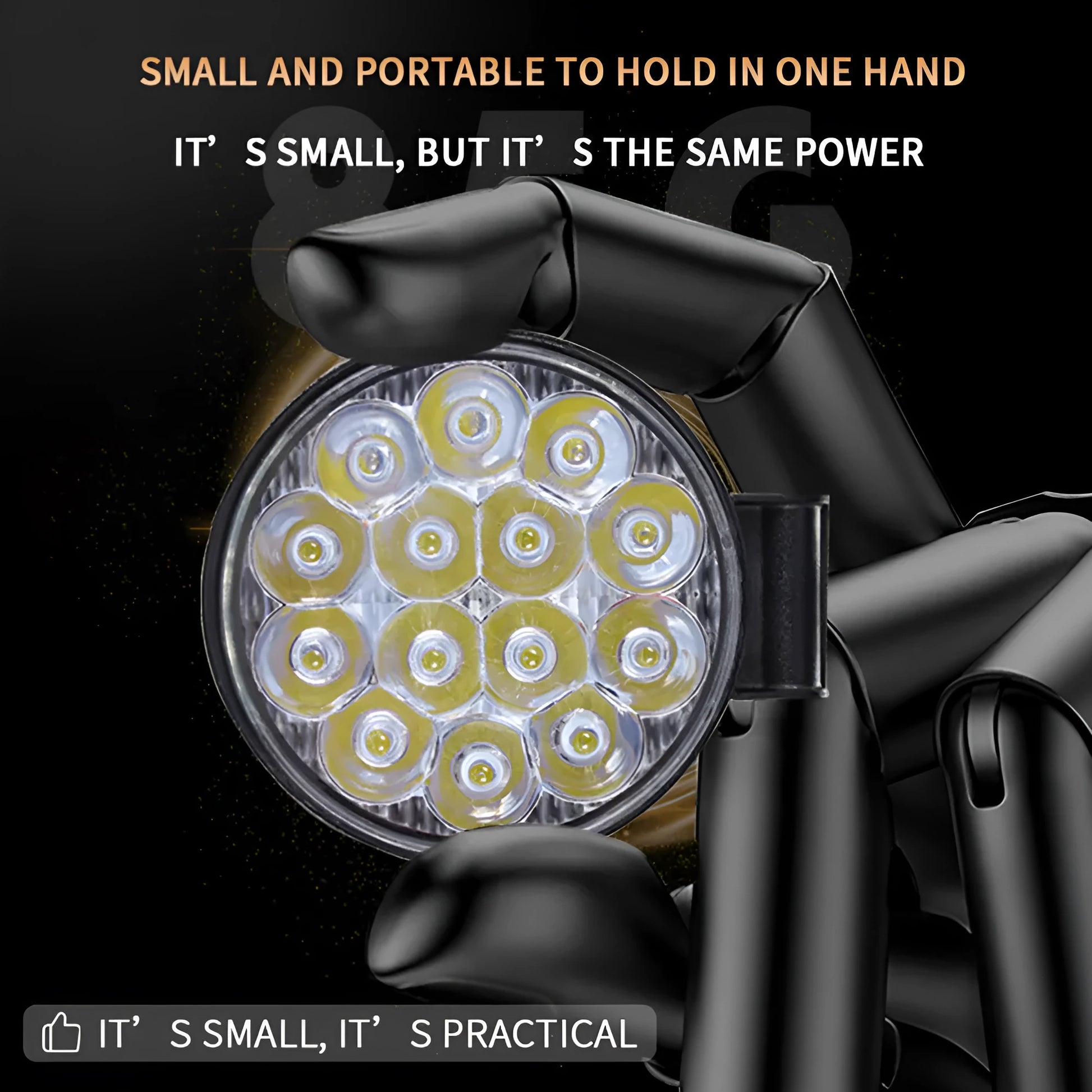 Small round white aluminium LED work light with IP67 rating for automotive use.