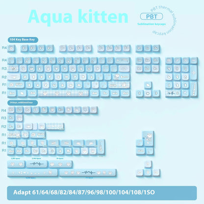 Watercolour cat design custom PBT keycaps for mechanical keyboards, showing full set with opaque legends.