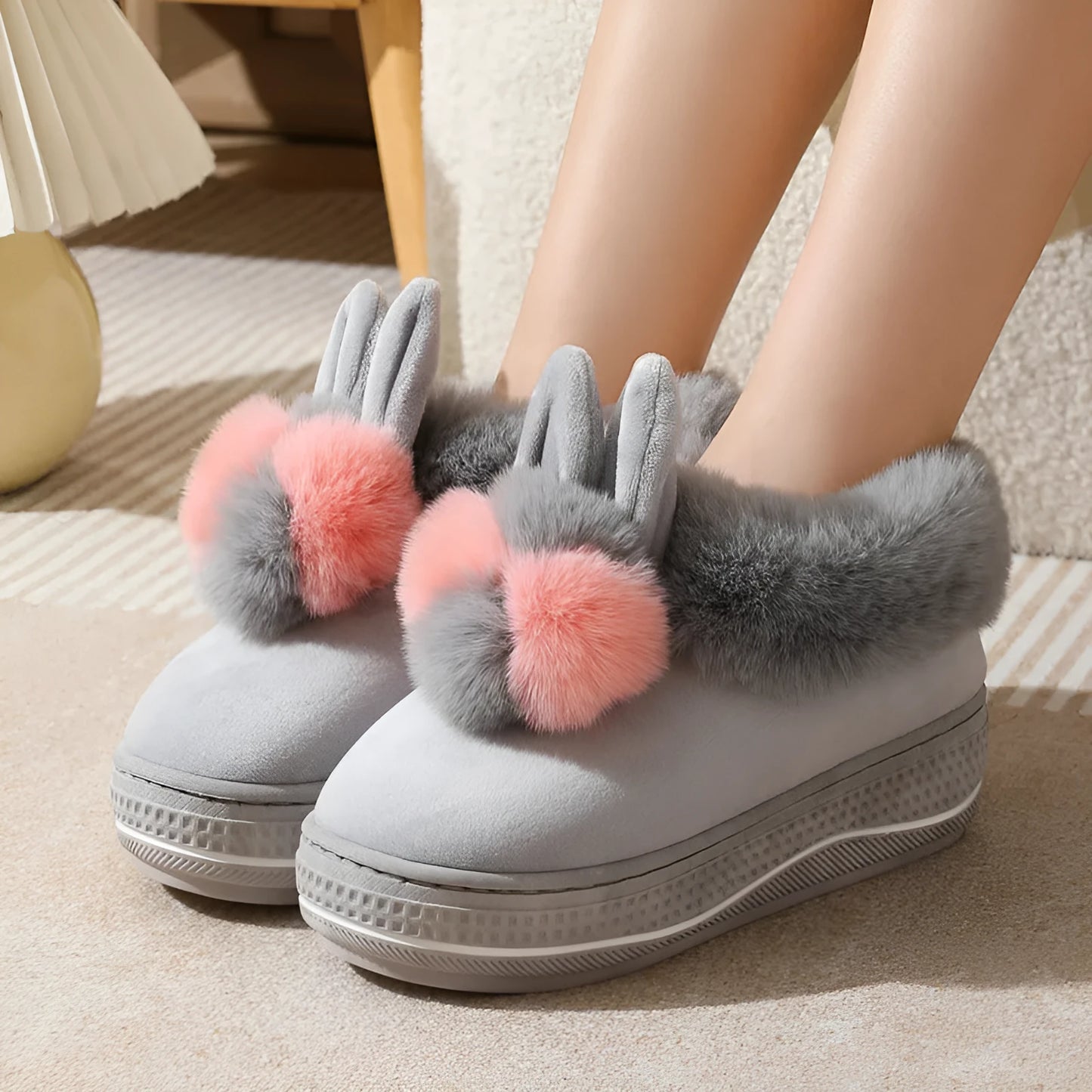 Women's black high heel winter slippers with plush upper and thick TPR sole