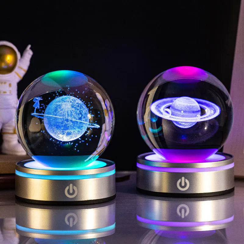3D inner carving luminous crystal ball night lamp with 8cm white crystal and round touch USB base