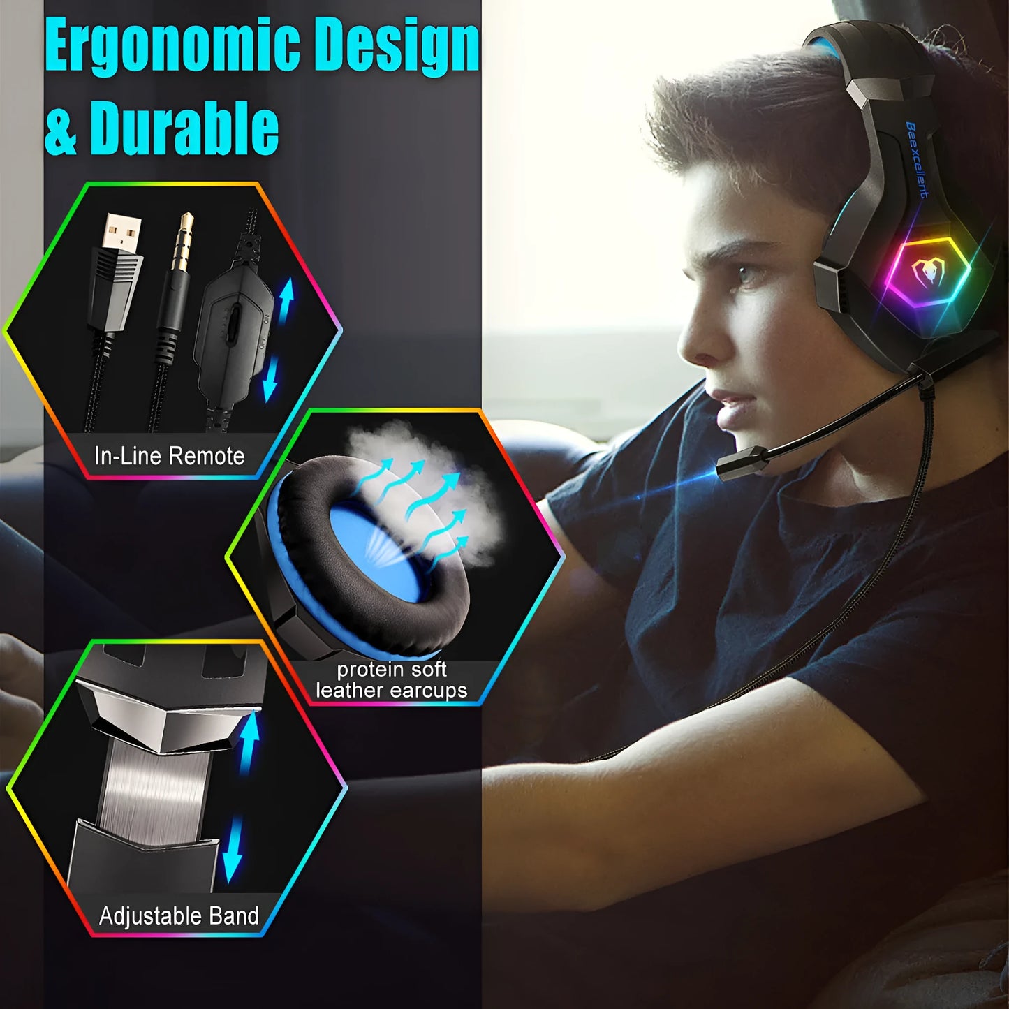 Luminous Gaming Headset with LED lights, microphone, and over-ear design in black with blue accents.