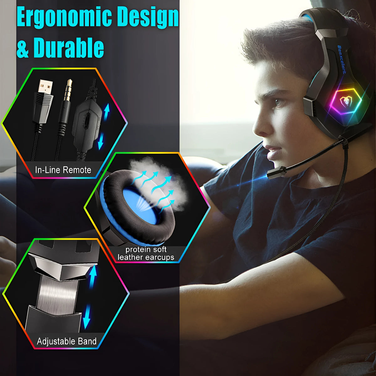 Luminous Gaming Headset with LED lights, microphone, and over-ear design in black with blue accents.
