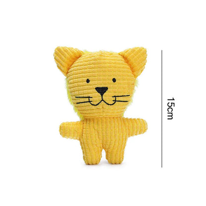 Animal shaped plush dog chew toy with squeaker in bright colours