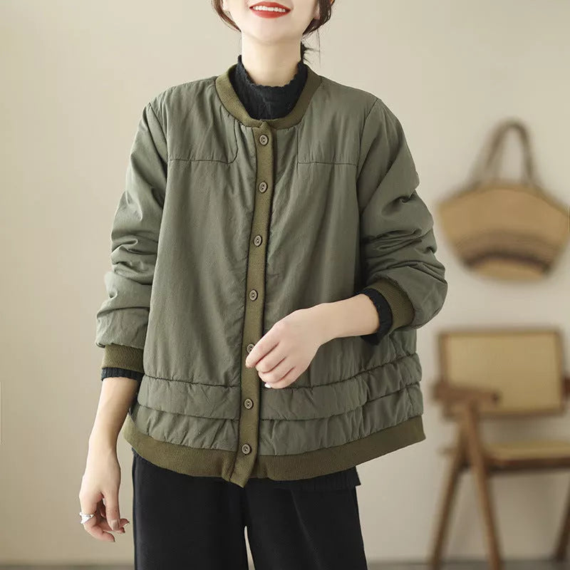Retro cotton padded jacket in black, green, or khaki with practical pockets