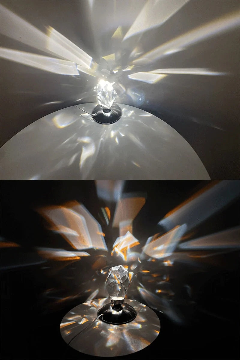 LED Crystal Night Light with remote control and 16 color options on a bedside table