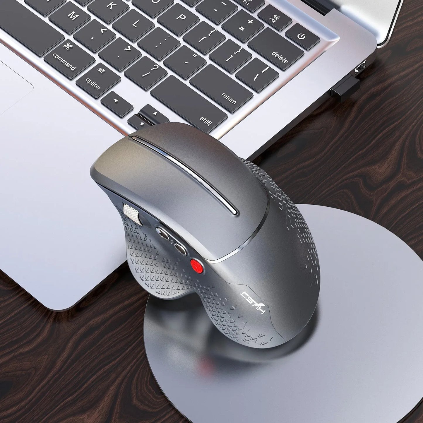 T32 black and silver grey wireless vertical ergonomic mouse with aluminium side roller.