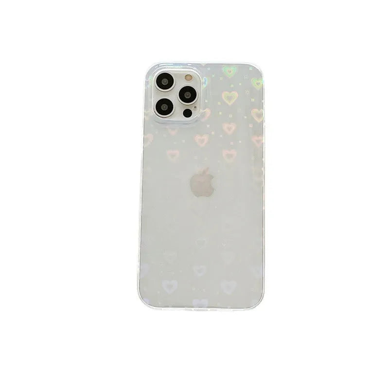 Laser colourful love silicone phone case with transparent colour and laser-etched motifs, shown on an iPhone.