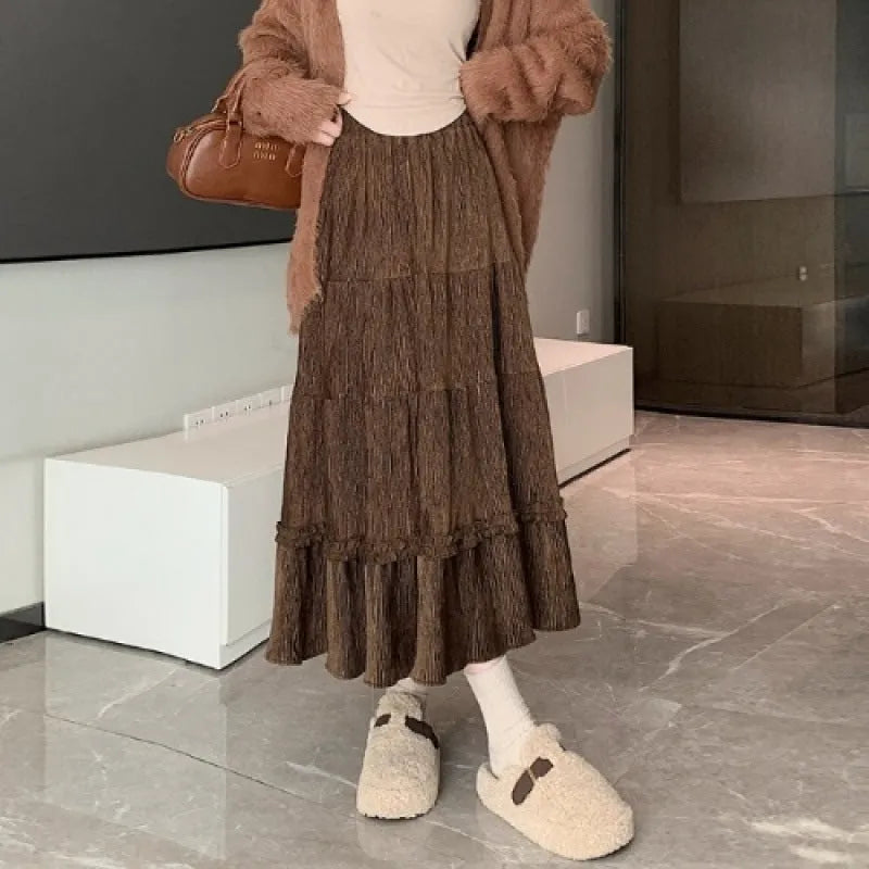 A-line midi corduroy skirt with elastic waistband in solid colours for urban commuting