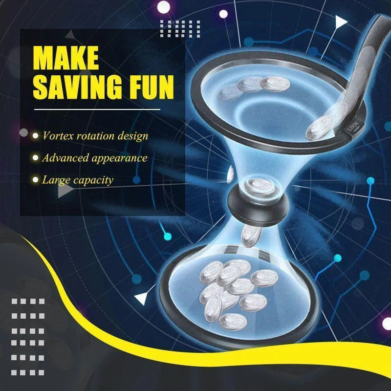Transparent vortex piggy bank with coins spiraling down, fun and educational
