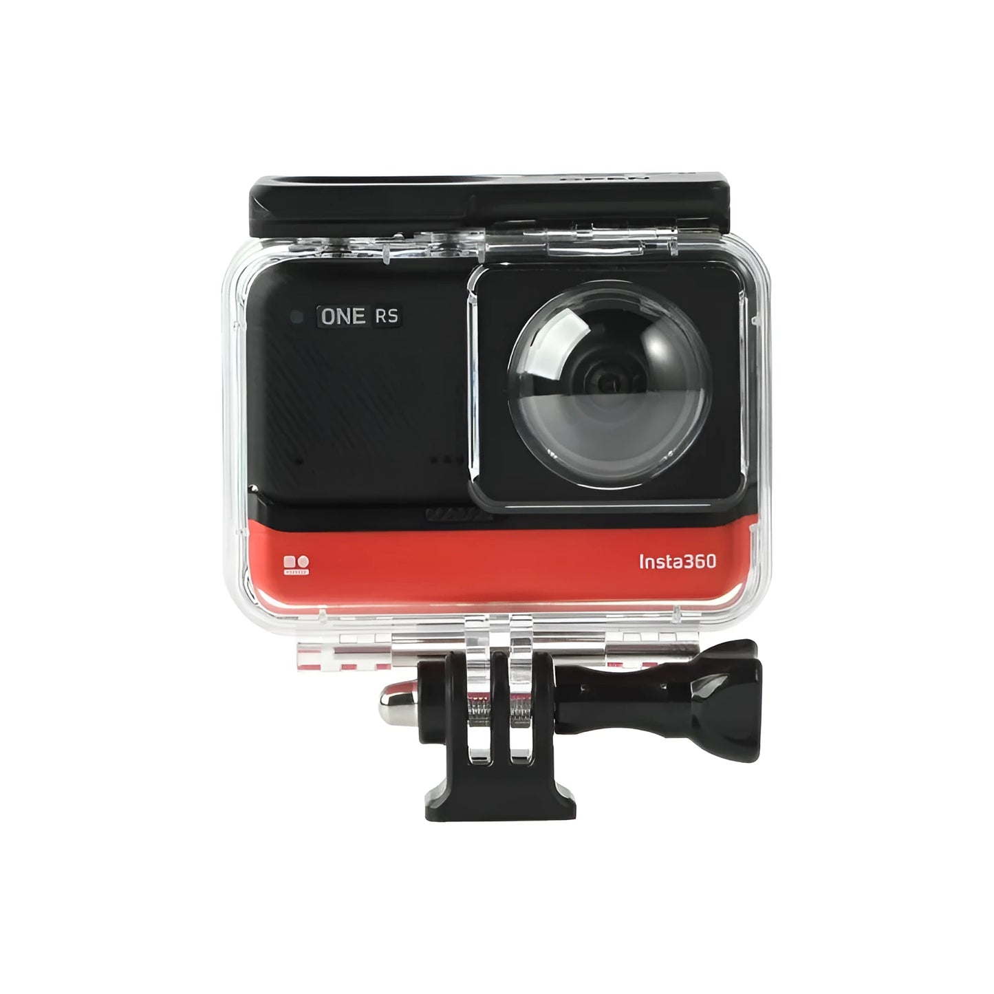 Transparent Insta360 One RS waterproof case showing camera inside with dimensions 9x8x4.5cm