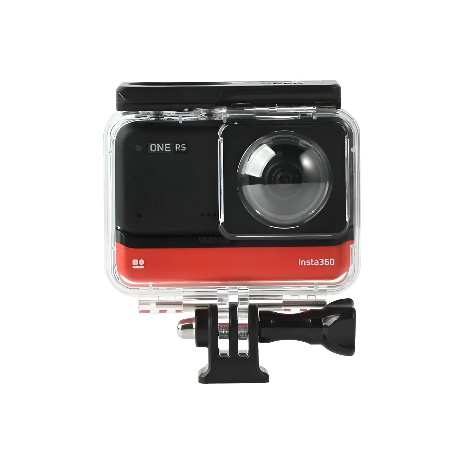 Transparent Insta360 One RS waterproof case showing camera inside with dimensions 9x8x4.5cm