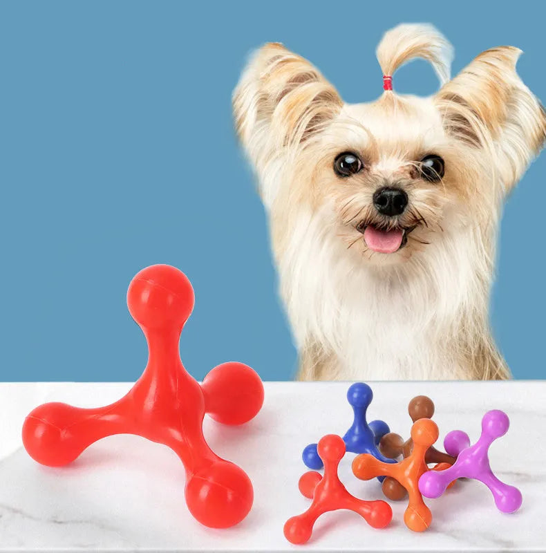 Blue silicone puppy chew toy with three-leg design measuring 9.5cm for teething relief