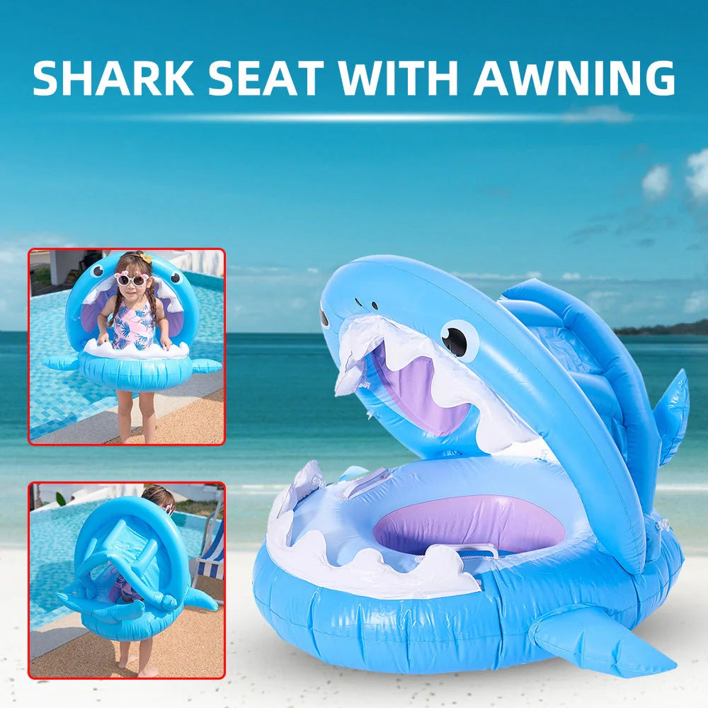 Inflatable shark seat ring for kids with sun awning, blue color