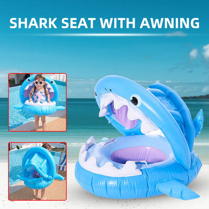 Inflatable shark seat ring for kids with sun awning, blue color