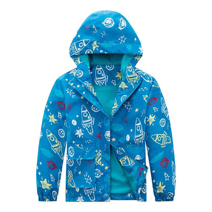 Kids' windproof waterproof fleece-lined hooded jacket in camouflage and plain colours, height 110cm to 160cm